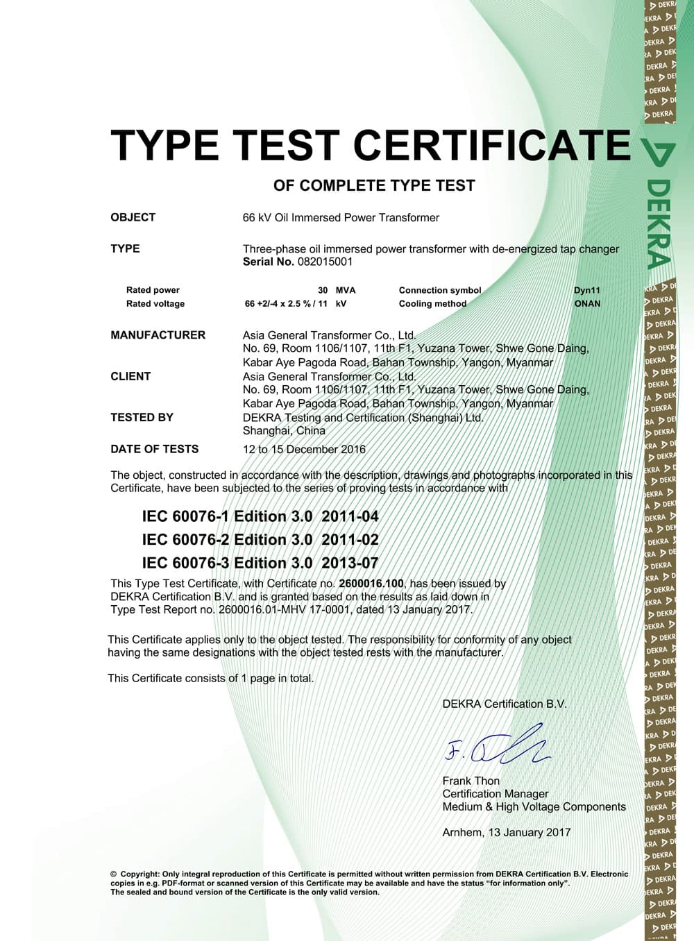 DEKRA Test Certificate