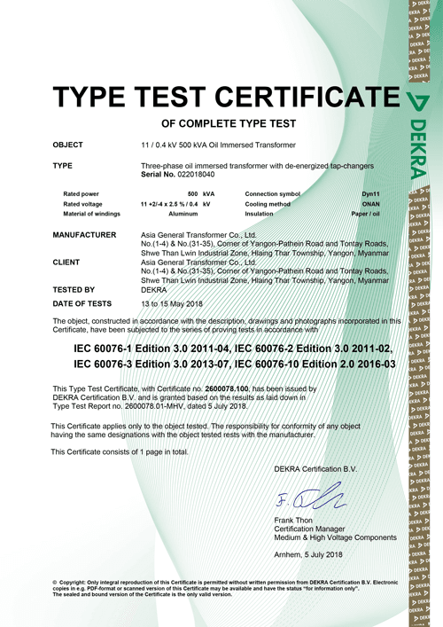 DEKRA type test · 500 kVA — AGH group evidence